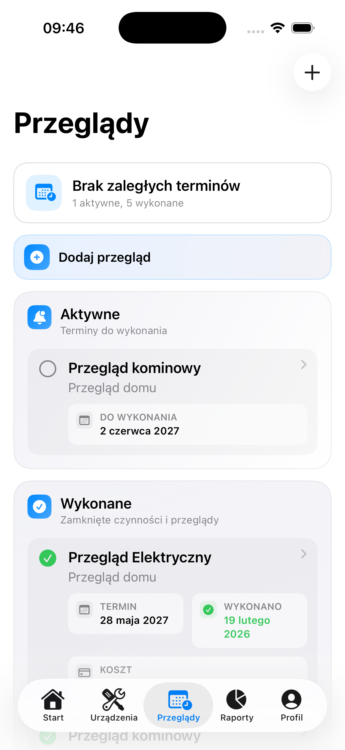 Lista przeglądów z aktywnymi i wykonanymi terminami